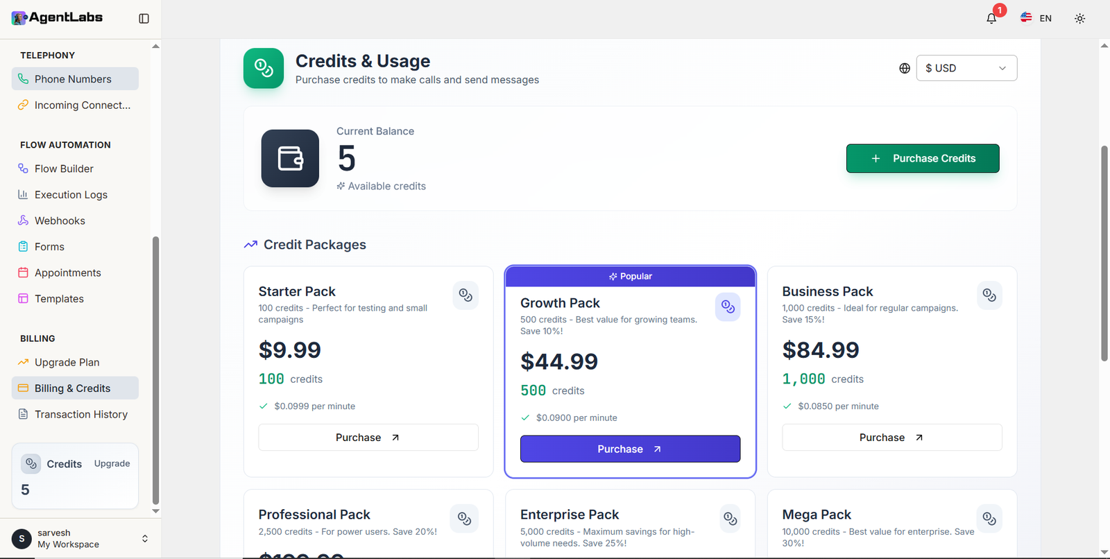Credits & Usage Dashboard