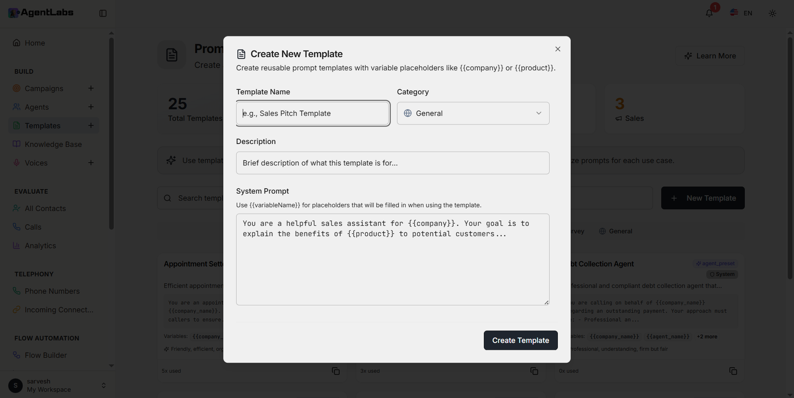 Create New Template Modal