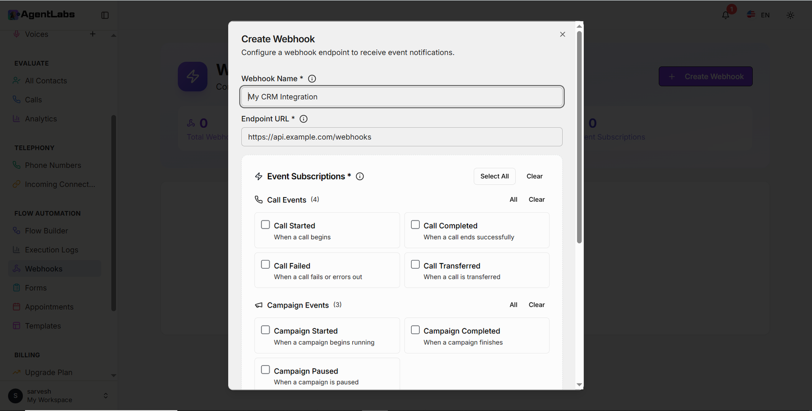 Create Webhook Modal