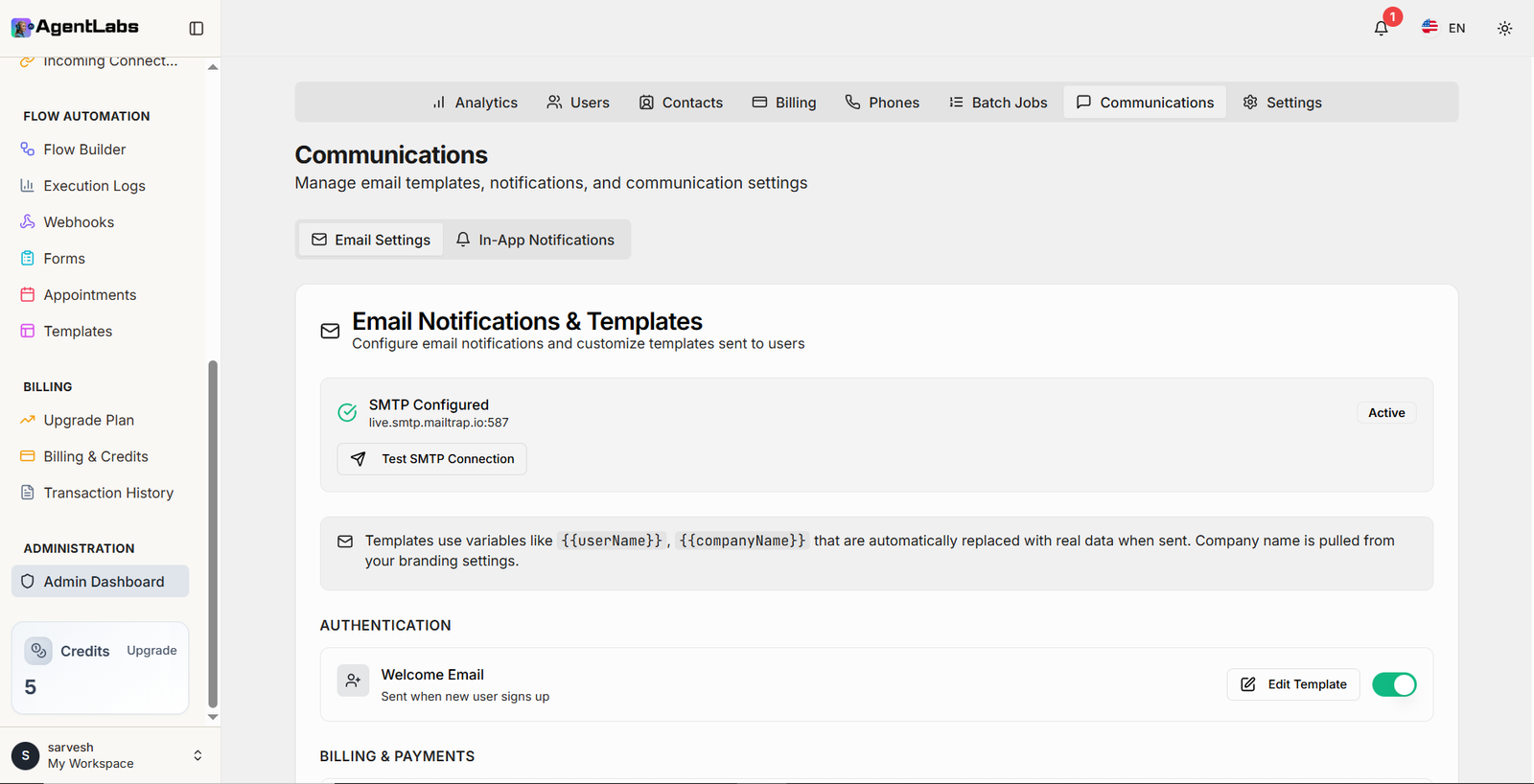 Communications Management Dashboard
