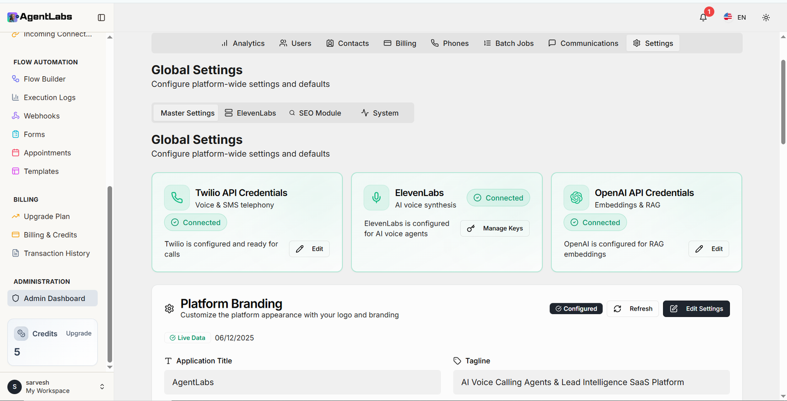 Global Settings Dashboard