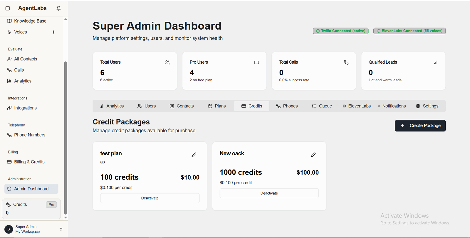 Super Admin Credit Packages